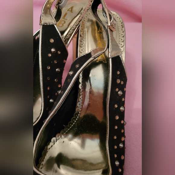 Ladies Alba Size 10 strappy black and gold studded stilettos heels - Picture 6 of 11